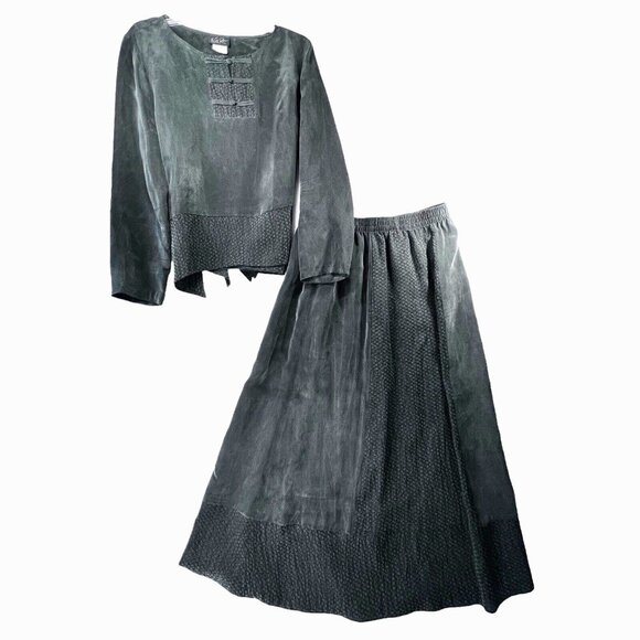 Wild Rose Dresses & Skirts - Vtg Wild Rose Midi Maxi Skirt Set 2 piece Womens 14 Gray Boho Rayon Textured USA